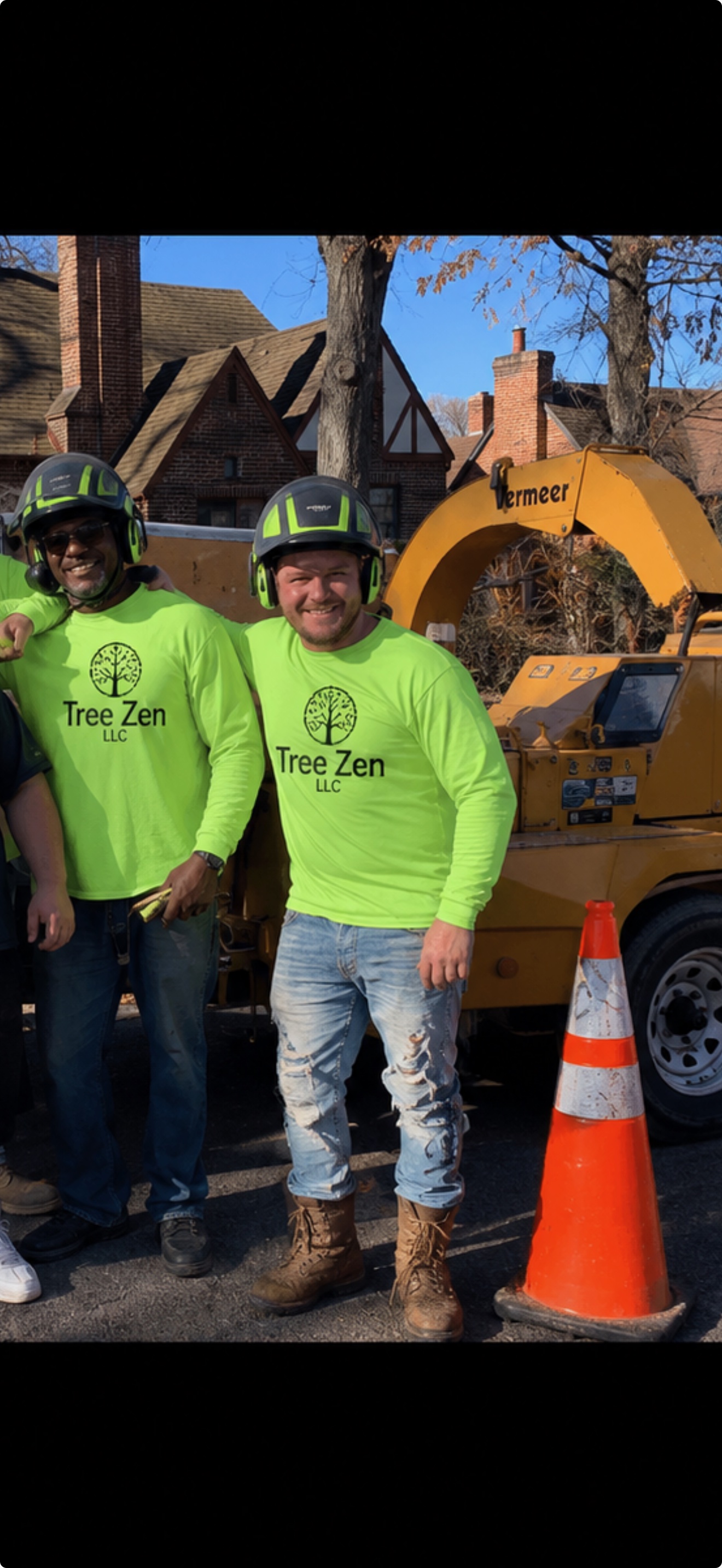 Tree Zen LLC crew with wood chipper ready for job